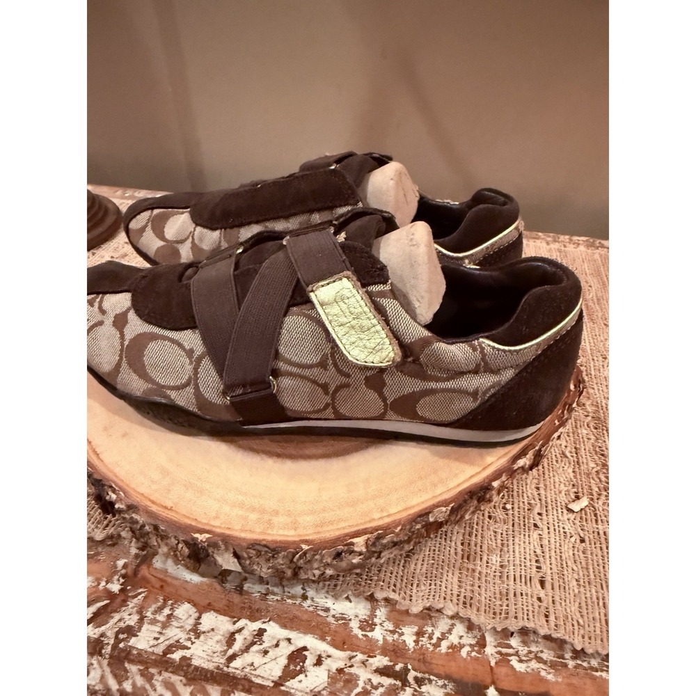 Coach Kyrie Signature Logo Canvas Suede Athletic Sneaker Women's 6.5M Brown Gold - Picture 3 of 16